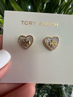 Tory Burch Gold Heart Logo Stud Earrings with Mother-of-Pearl